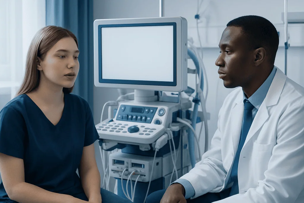Medical consultation with a doctor and patient in a hospital setting.