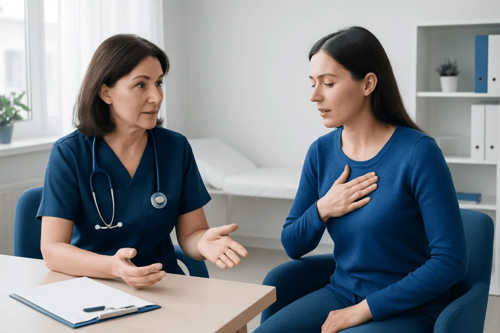 Doctor consulting with patient about respiratory health in clinic.