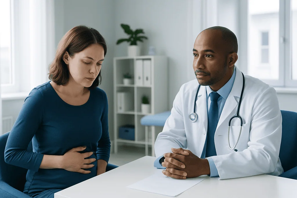 Doctor consulting with a woman patient in a medical office.