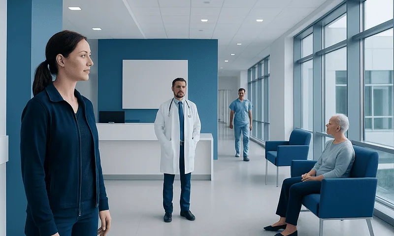 Modern hospital waiting area with medical staff and patient in Turkey.