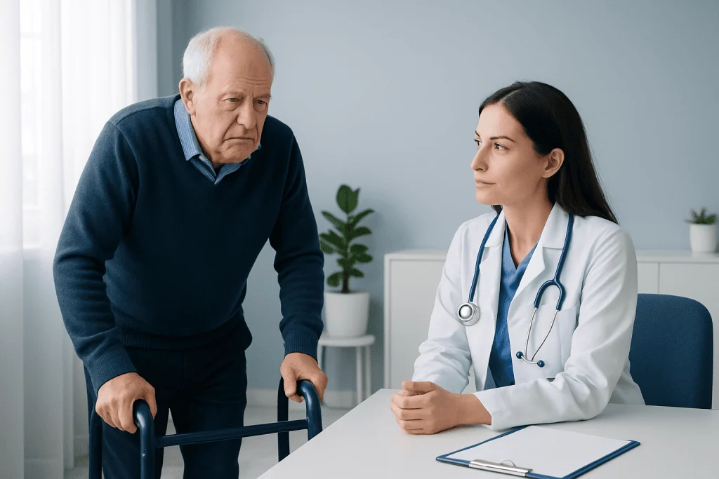 Older man with walker consulting with a female doctor in a clinic.