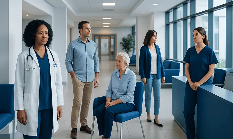 Diverse medical team consulting with elderly patient in hospital corridor.