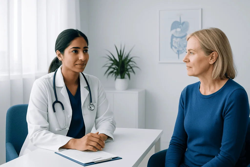 Doctor consulting with a female patient in a modern medical office.