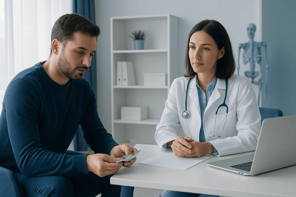 Doctor consulting with a patient in a modern medical office.