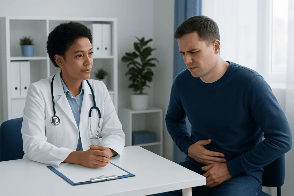 Doctor consulting with a patient about stomach pain in a medical office.