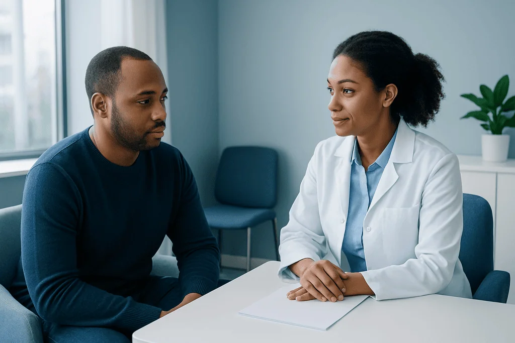 Consultation with a specialist about hair replacement options for men.