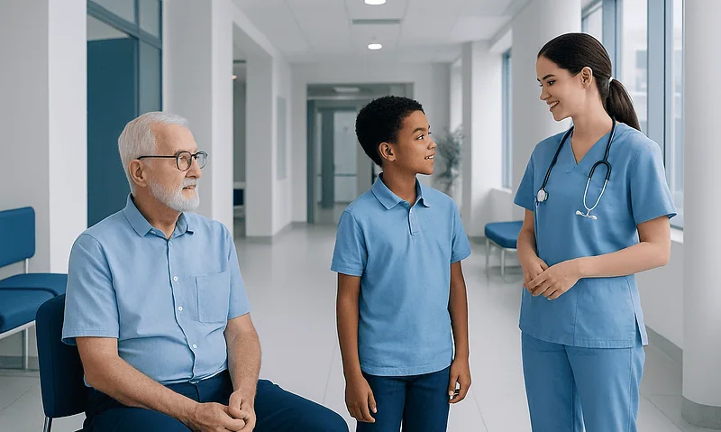 Normal A1C by Age: Charts, Ranges, and What Your Numbers Mean 5 Healthcare professionals and patient in a hospital corridor.