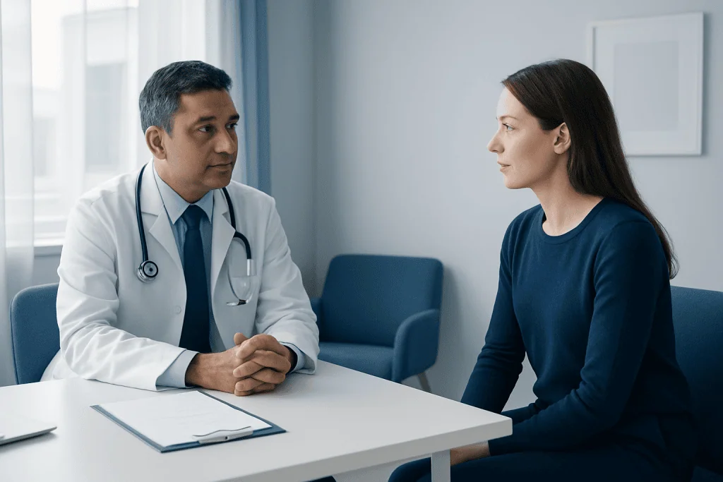 Doctor consulting with a female patient in a medical office.