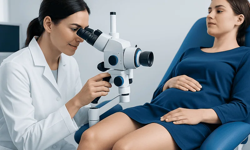 Vulva: What Patients Need to Know 8 Gynecologist examining patient with microscope in clinic.