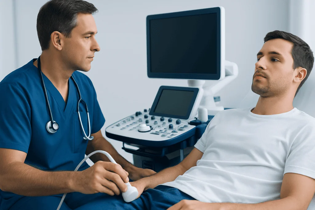 Urologist examining a patient during a medical consultation at a hospital.