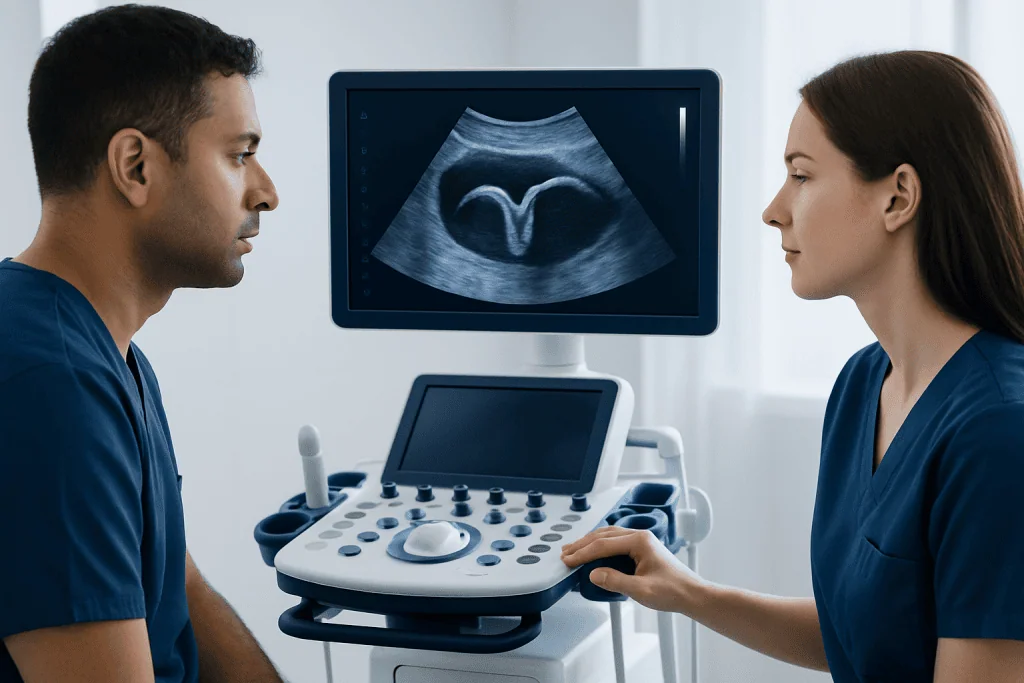 Medical professionals reviewing an ultrasound image in a clinical setting.