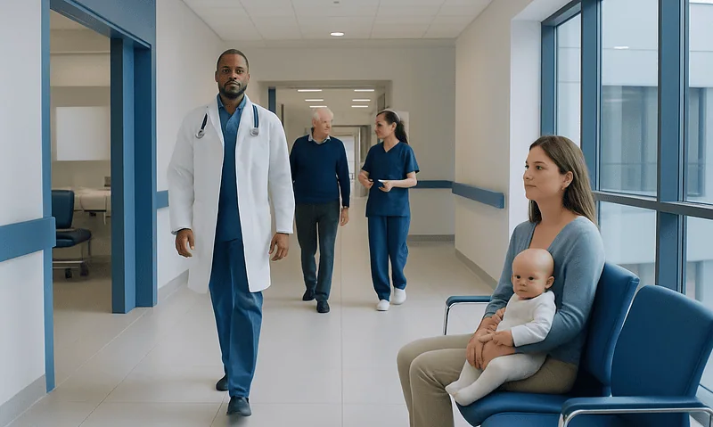 Normal Bilirubin by Age: Charts, Ranges, and What Your Numbers Mean 13 Healthcare professionals and a patient in a modern hospital corridor.