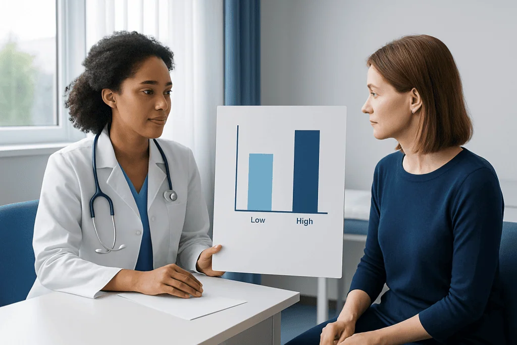 Doctor explaining bilirubin levels to patient with chart showing low and high levels.