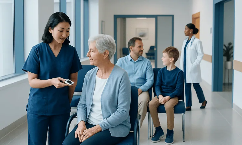Normal Blood oxygen (SpO2) by Age: Charts, Ranges, and What Your Numbers Mean 18 Healthcare professionals and patients in a hospital corridor at Acibadem Hospitals Group.