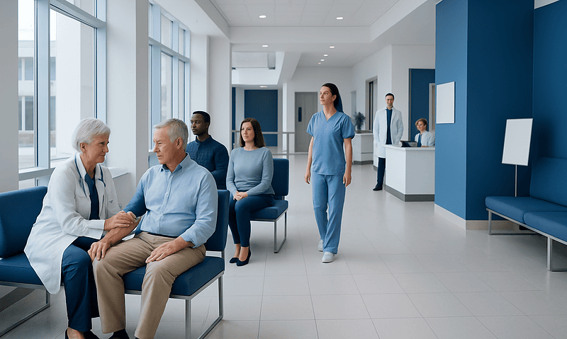 Patients waiting in a modern hospital corridor with medical staff attending to them.