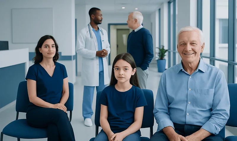 Normal Blood sugar by Age: Charts, Ranges, and What Your Numbers Mean 17 Family waiting in a hospital corridor with medical staff in the background.