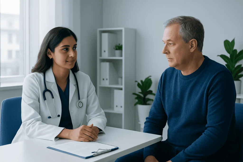 Doctor consulting with a patient in a modern clinic setting.