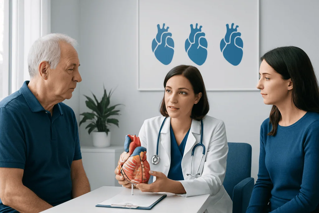 Cardiologist explaining heart health to elderly patient with heart diagrams in background.