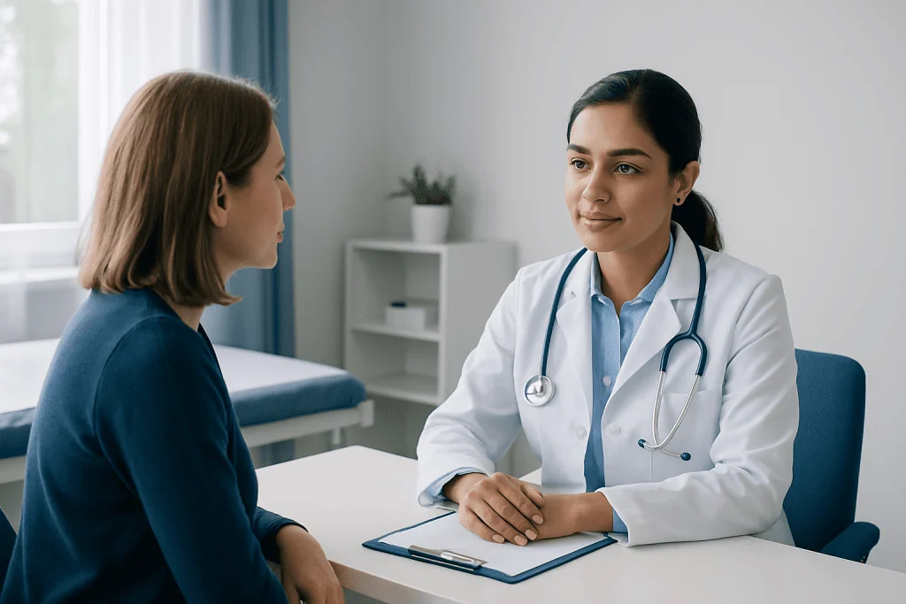 Doctor consulting with a patient in a medical office setting.
