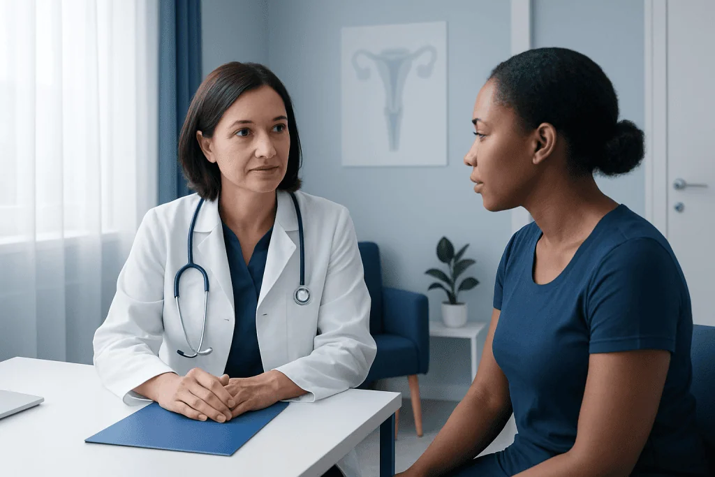 Doctor consulting patient about cervical health in a medical office.