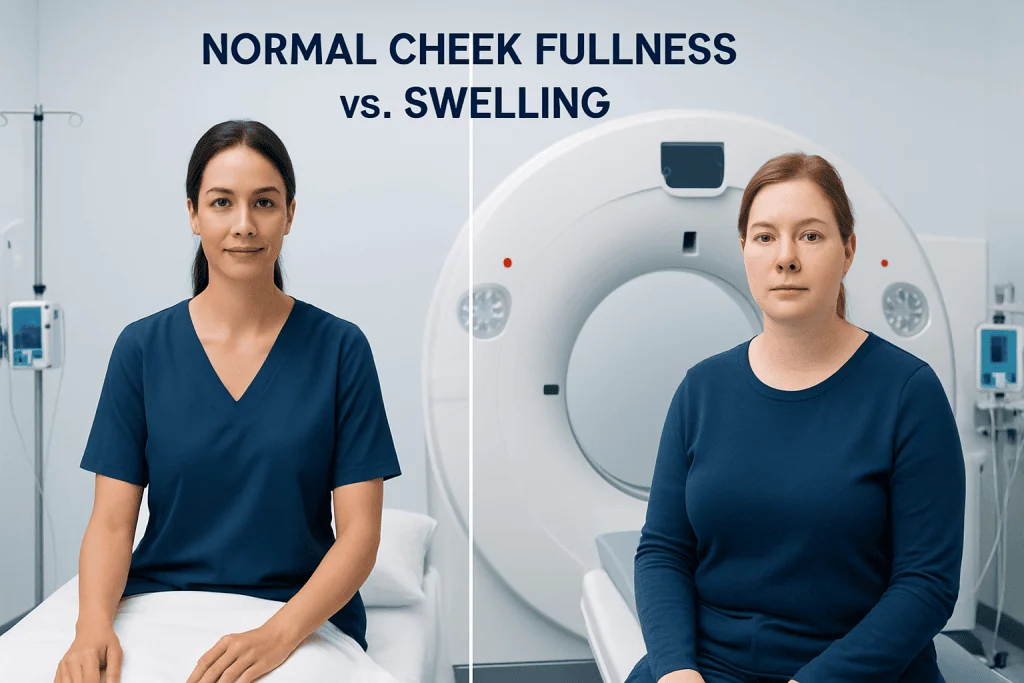 Comparison of normal cheek fullness and swelling in a medical setting.