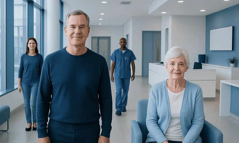 Normal Cholesterol by Age: Charts, Ranges, and What Your Numbers Mean 13 Healthcare professionals in a modern hospital lobby with elderly patient and staff.