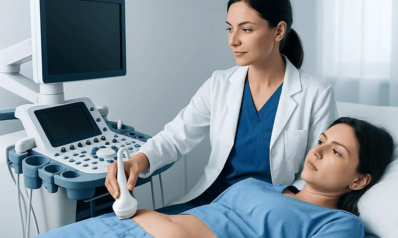 Doctor performing an ultrasound scan on a patient in a hospital room.