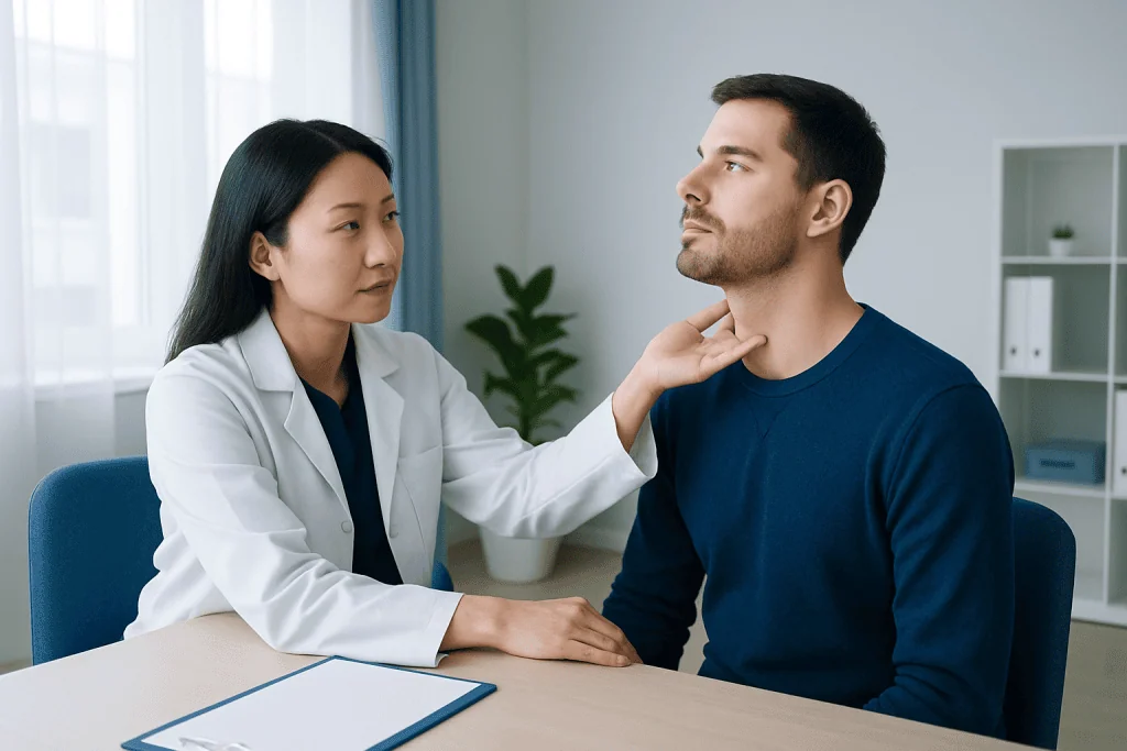 Doctor examining patient's neck during consultation at Acibadem Hospital.
