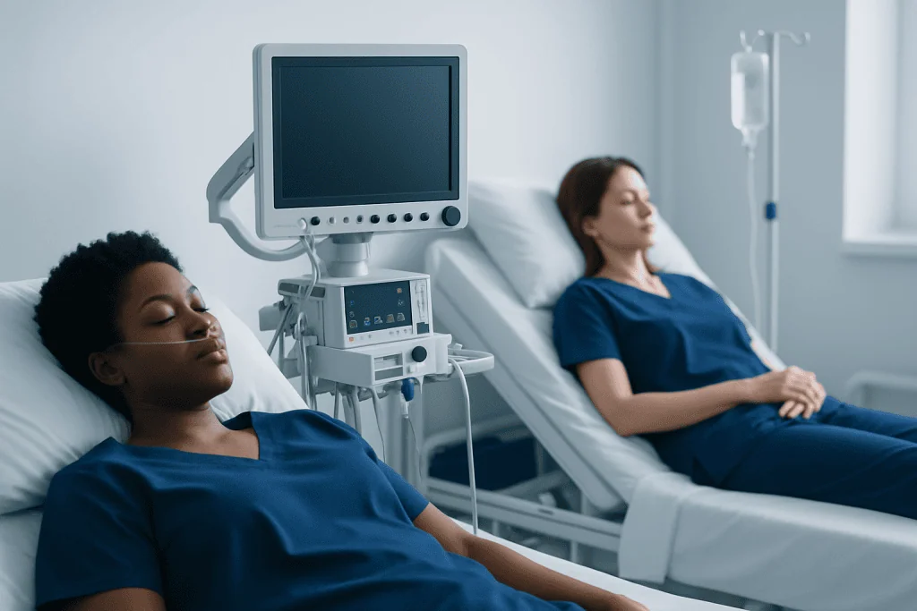 Two patients resting in hospital beds with medical monitors in a clinical setting.