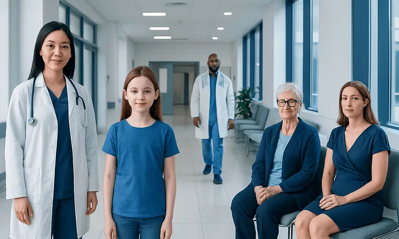 Normal Estrogen by Age: Charts, Ranges, and What Your Numbers Mean 11 Diverse medical team in hospital corridor with patients and staff.