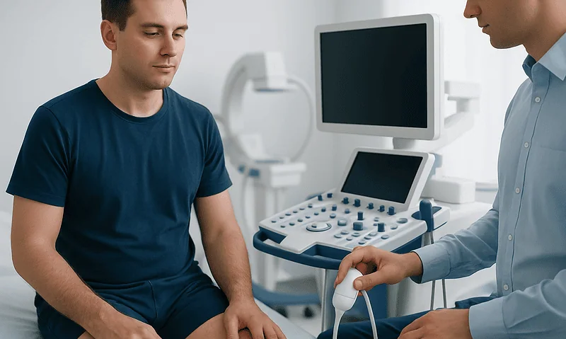 Doctor performing ultrasound examination on male patient in clinic.