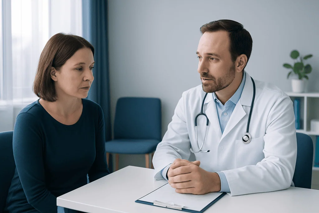 Doctor consulting with a female patient in a medical office setting.