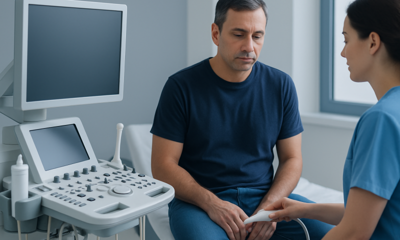 Doctor consulting male patient in a medical examination room.