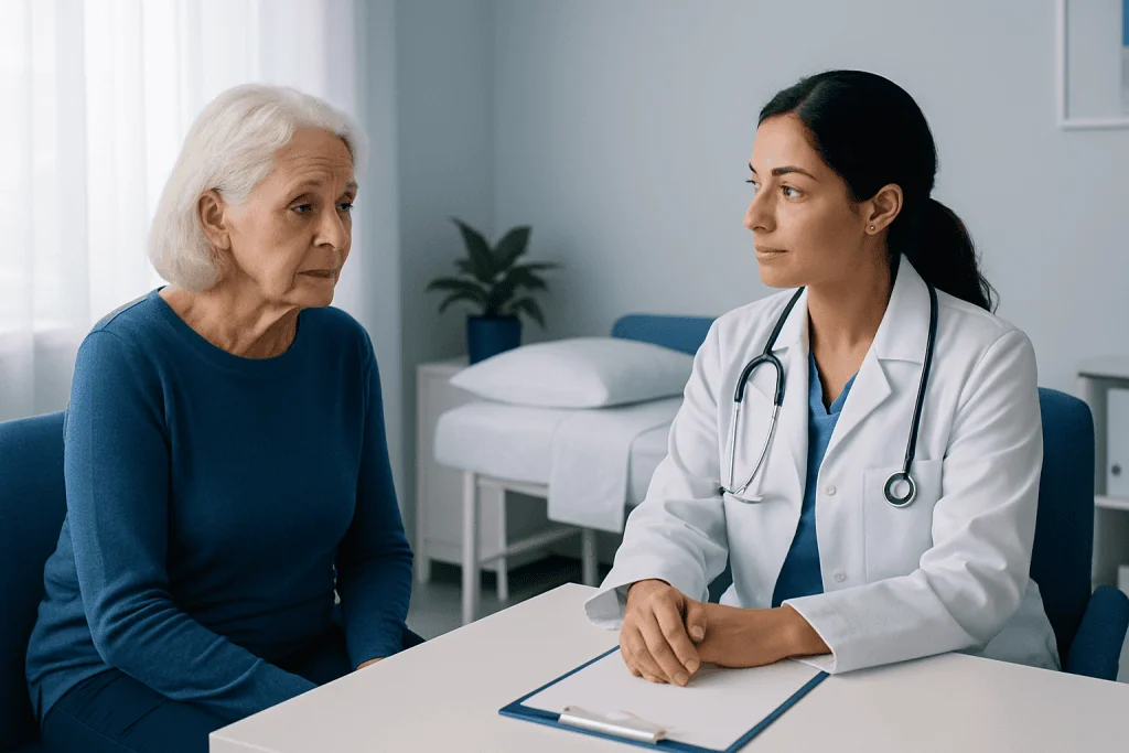 Doctor consulting with elderly patient in a hospital room.