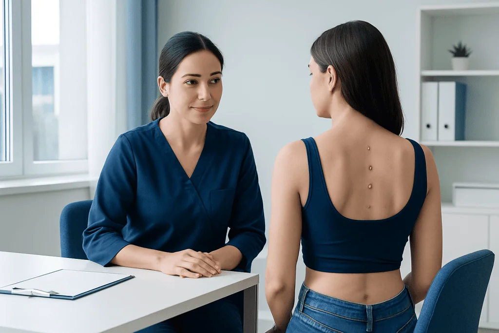 Doctor consulting patient with back dermal issues at clinic.
