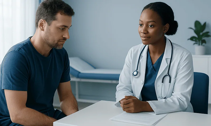 Doctor consulting with a male patient in a medical office setting.
