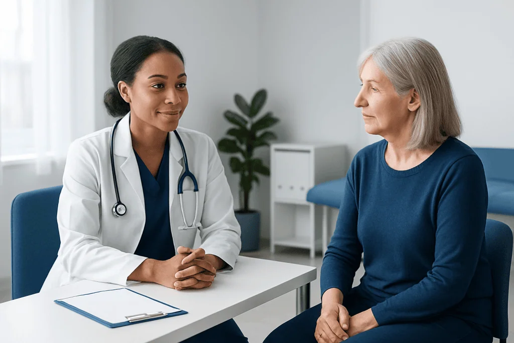 Doctor consulting with an elderly female patient in a medical office.
