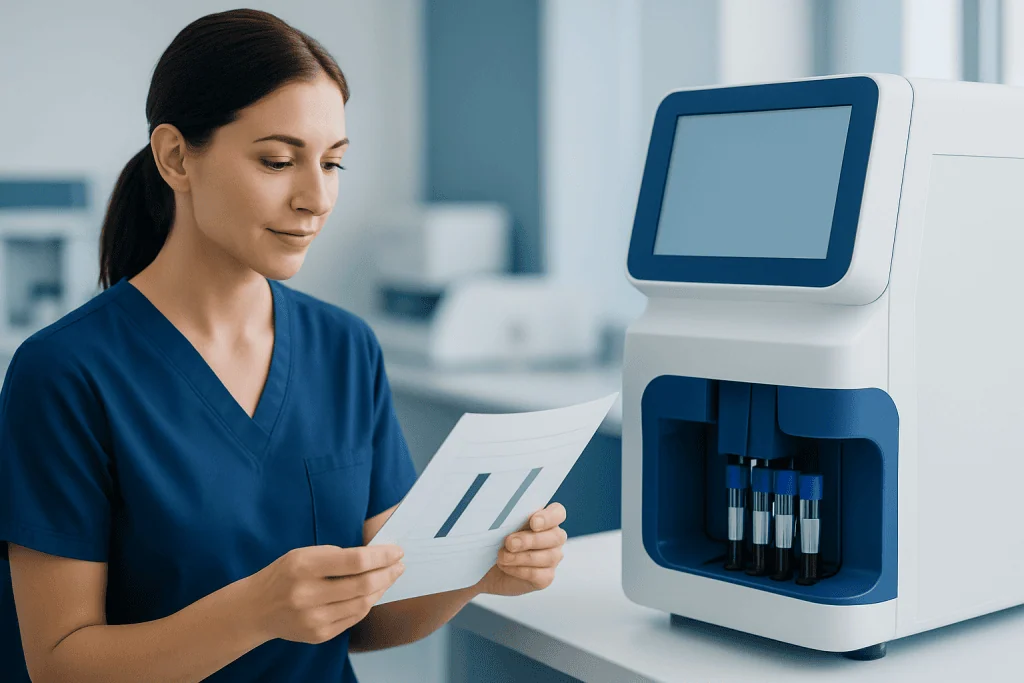 Laboratory technician reviewing blood test results with medical equipment in background.