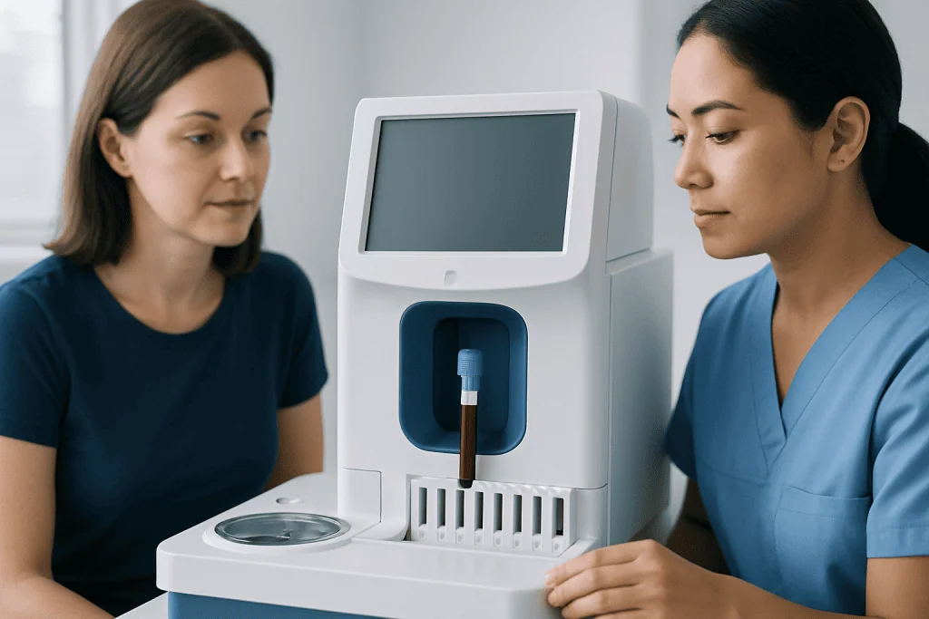 Medical professionals conducting hematocrit test with automated analyzer.