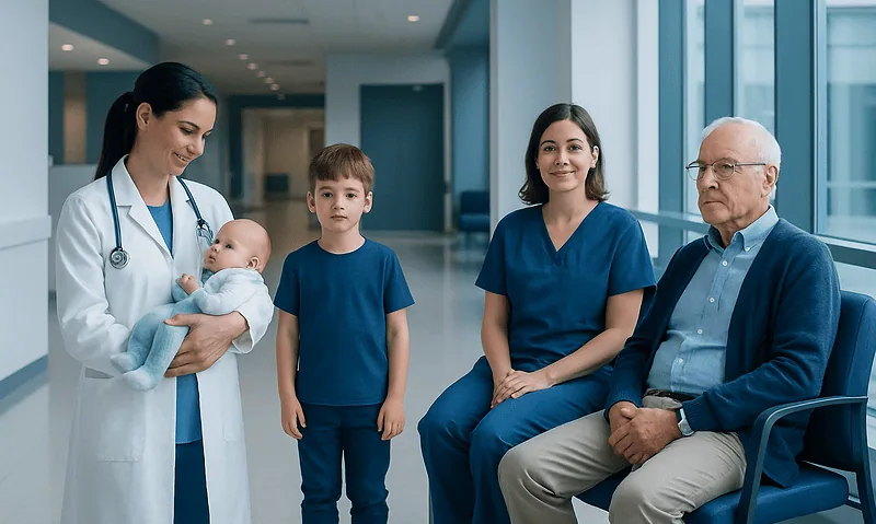 Doctor with children and elderly patient in hospital corridor.