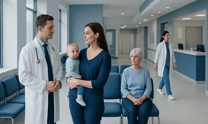 Normal Iron by Age: Charts, Ranges, and What Your Numbers Mean 7 Doctor talking to mother and baby in hospital waiting area.