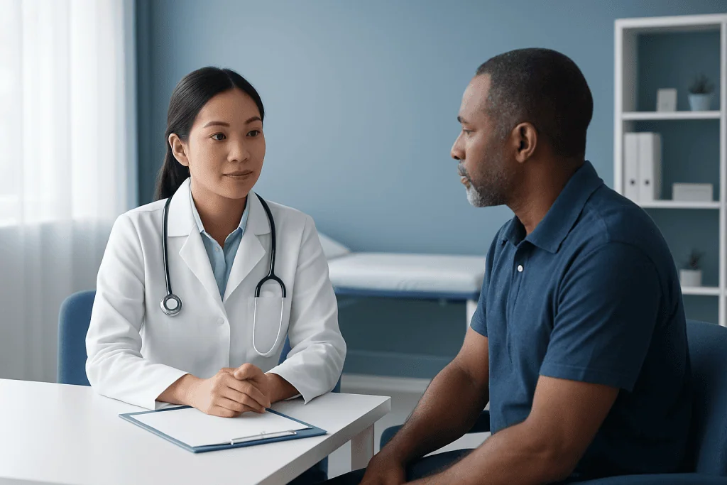Doctor consulting with patient in a modern hospital room.