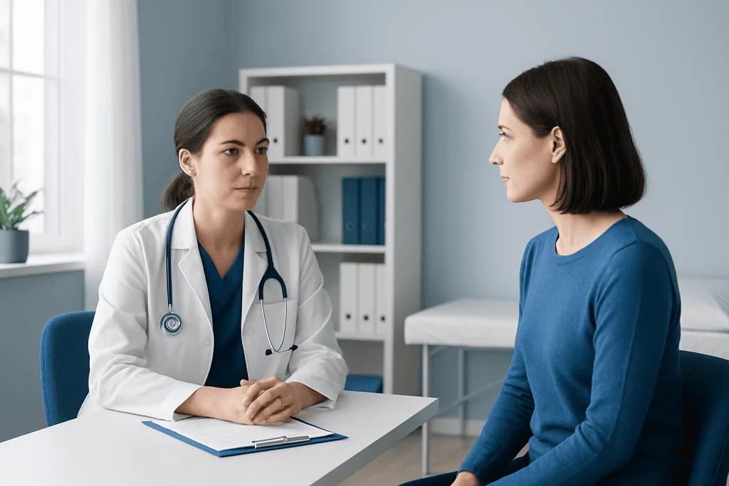 Doctor consulting with patient in a medical office setting.