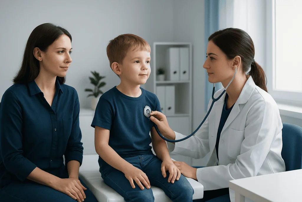 Pediatric doctor checking child's vital signs during a consultation.