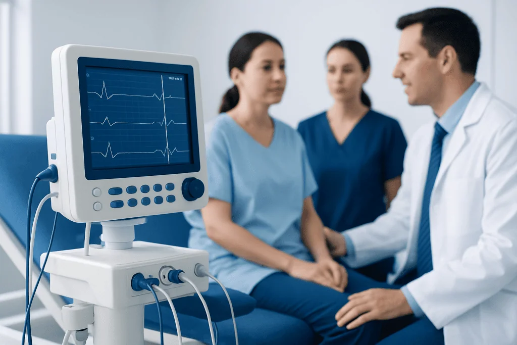 Medical team monitoring patient with ECG in hospital setting.