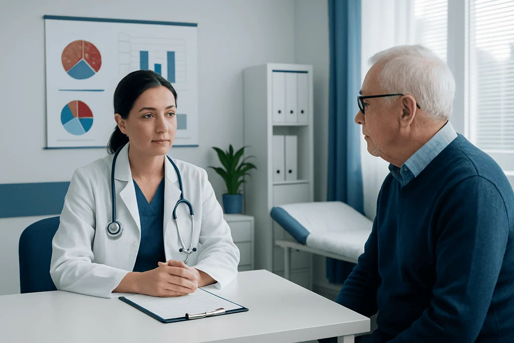 Doctor consulting with elderly patient in a medical office.