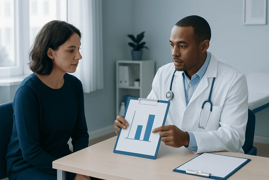 Doctor explaining blood test results to a patient in a medical office.