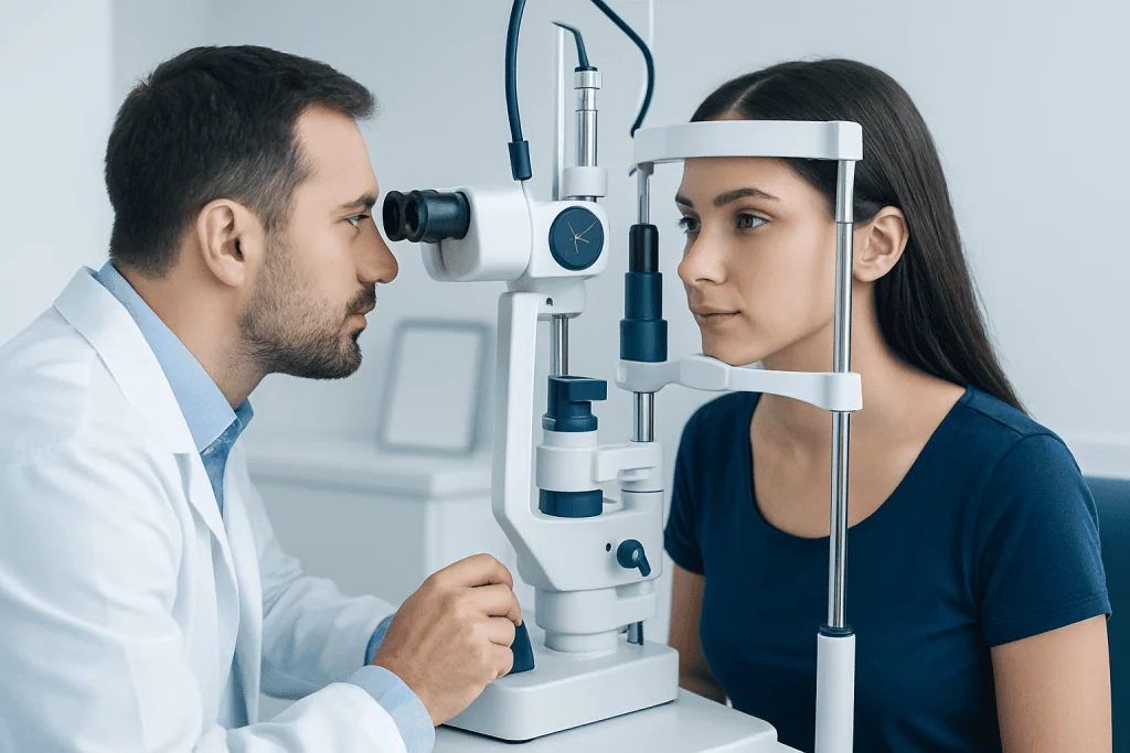 Optometrist examining patient's eye with slit lamp in clinic.