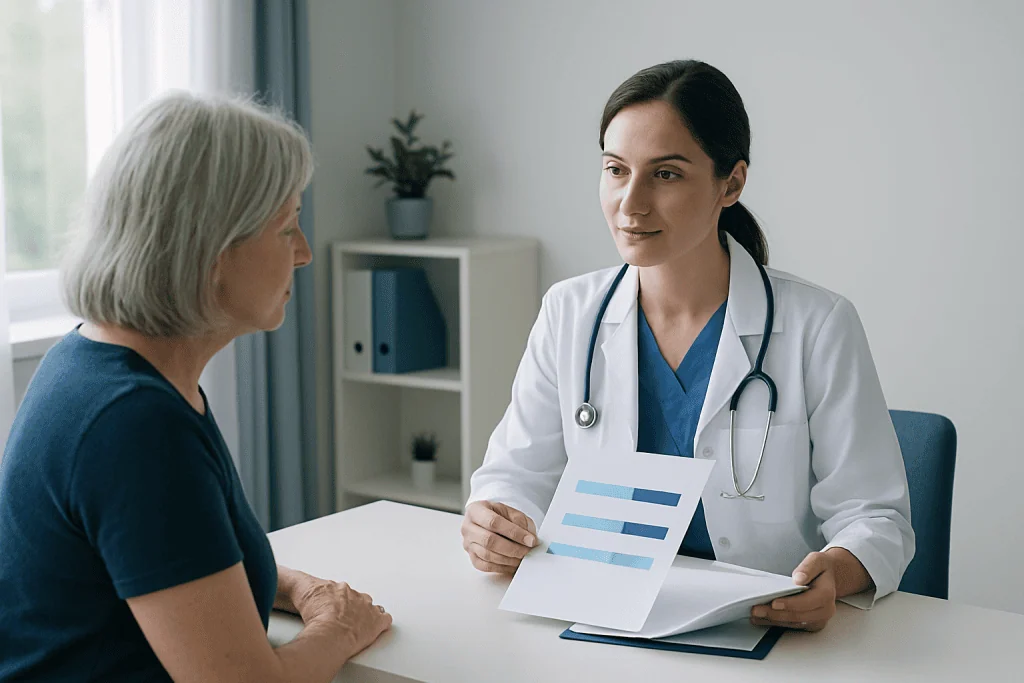 Doctor consulting with an elderly patient in a medical office.