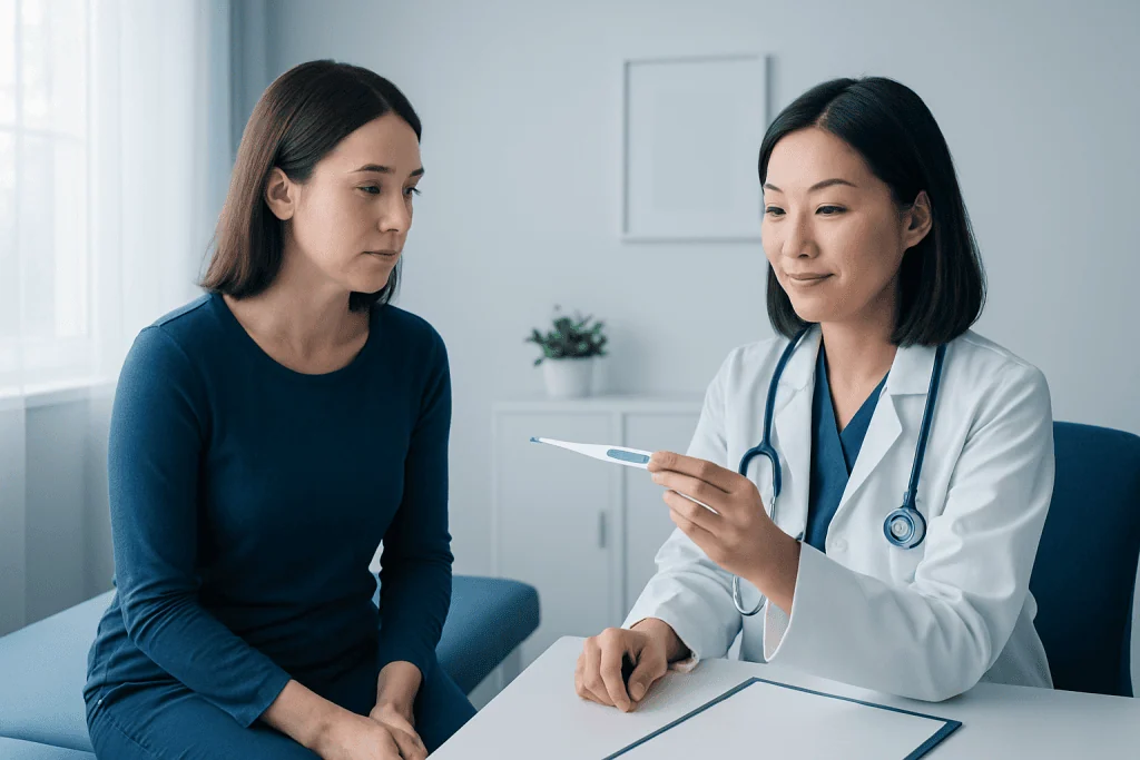 Doctor explaining medical information to a patient in a clinic setting.